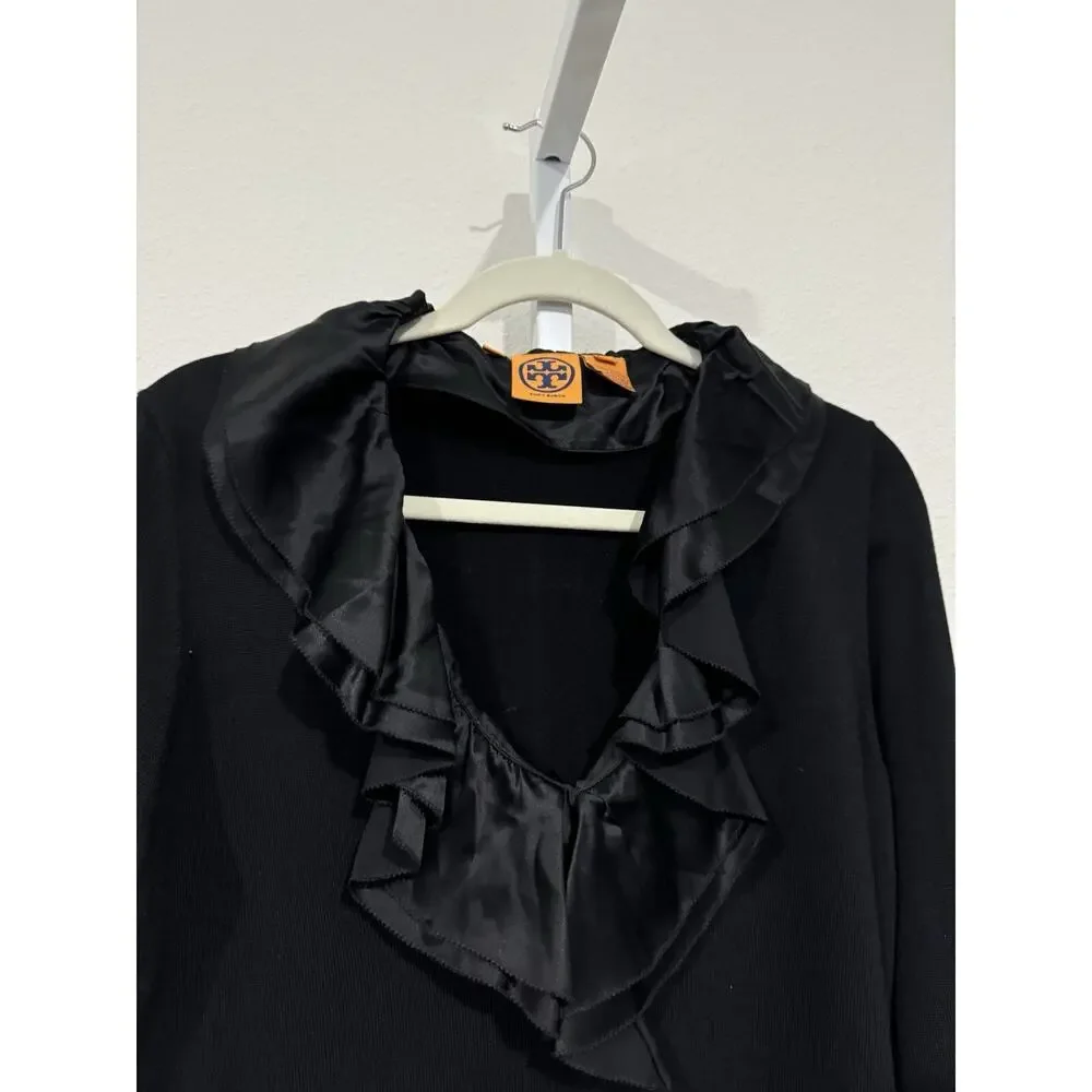 Tory Burch Black V-Neck Sweater with Removable Silk Collar and Cuffs Size L